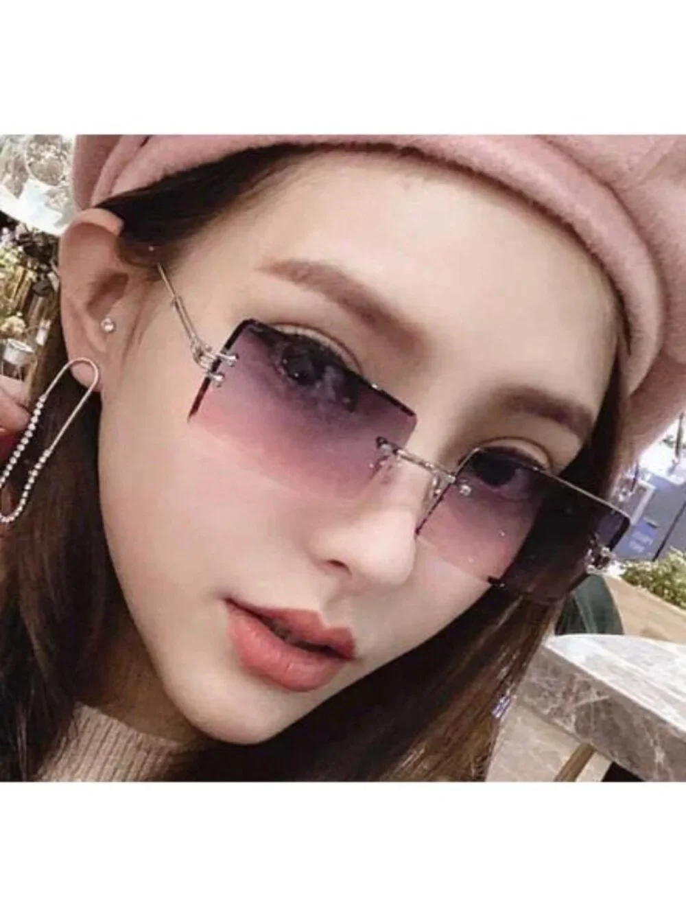 Rimless Rectangle Sunglasses Grey Pink Gradient Lenses Gold Tone Frame Y2K Retro